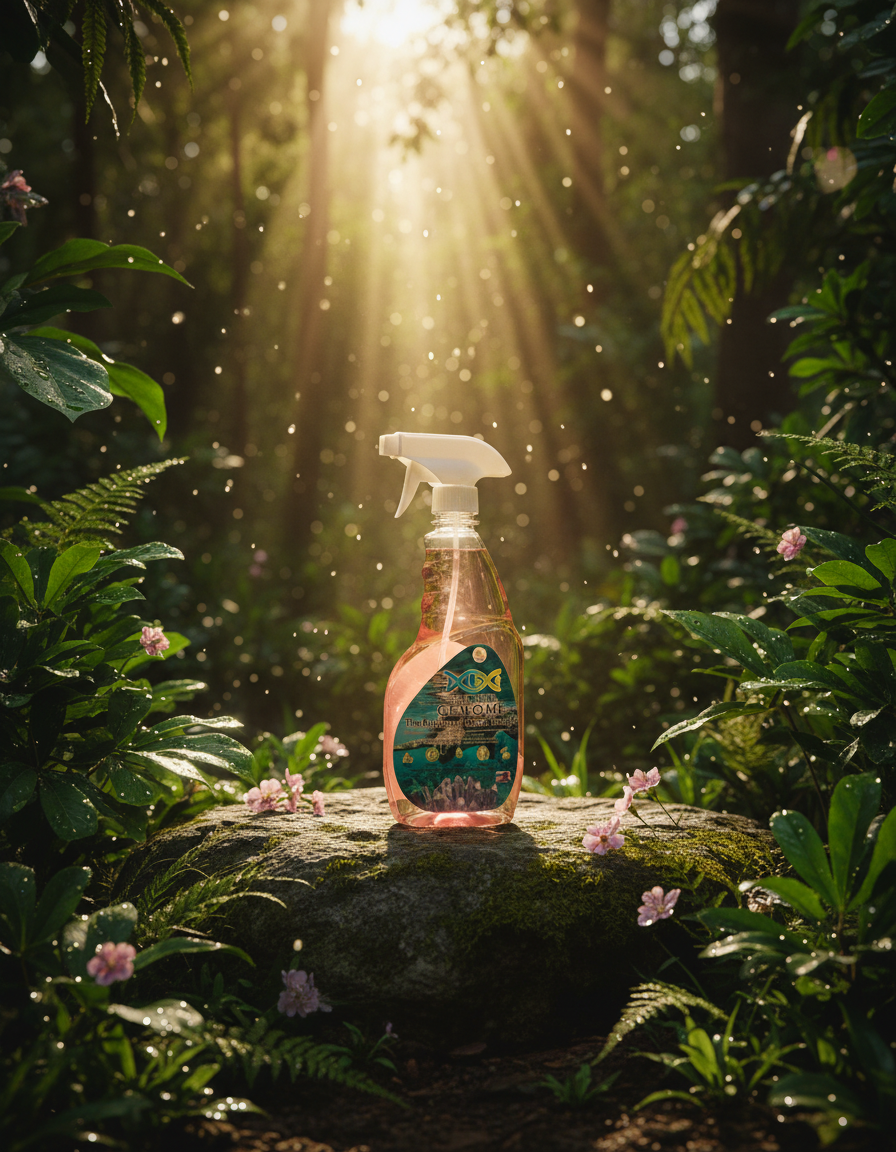 A spray bottle of Tektite Genome liquid cleaner on a mossy rock in a lush green forest with sunlight streaming through trees.