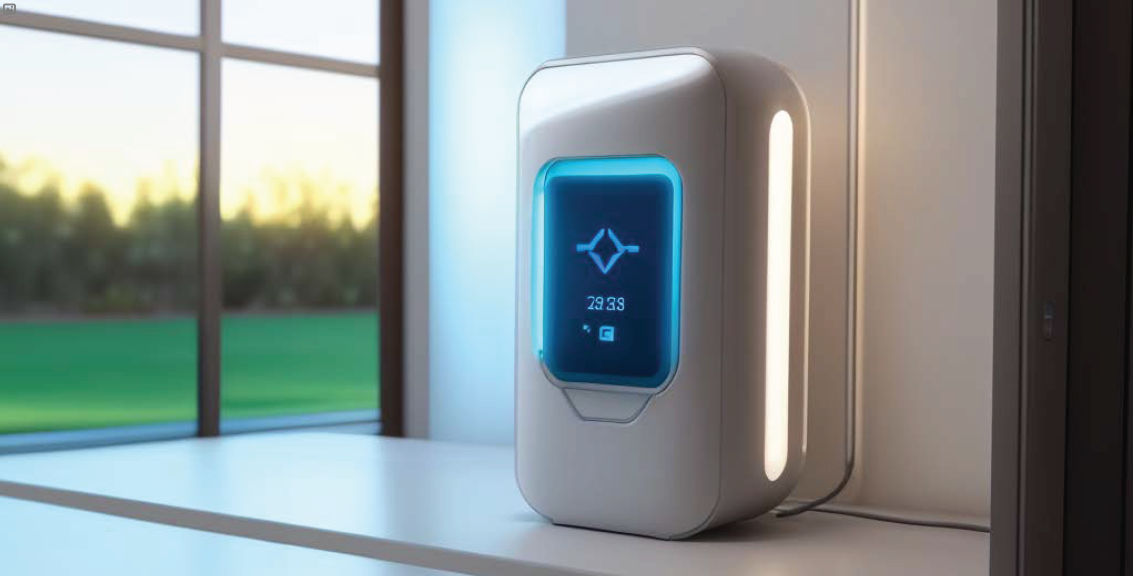 A futuristic-looking white device with a digital display screen, placed on a white surface near a window, showing vibrant colors and modern design.