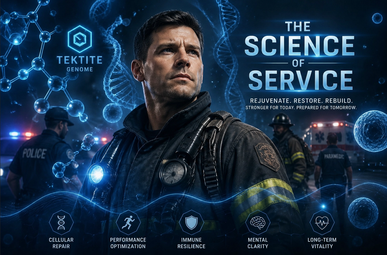 A firefighter in uniform, with a serious expression, stands in a scene featuring DNA strands, molecular structures, and emergency responders, with the text 'The Science of Service' and phrases about healing and resilience.