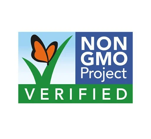Logo with a butterfly and a checkmark, indicating non-GMO verification