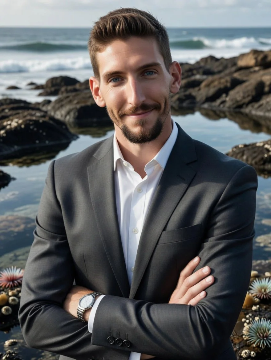 A man wearing a gray suit and white shirt standing on a rocky shoreline with tide pools and the ocean in the background.