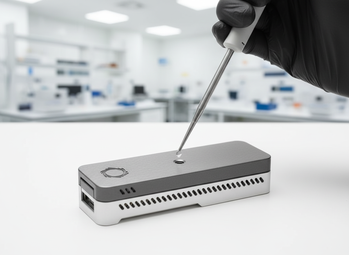 A gloved hand using a pipette to drop liquid onto a device in a lab setting.