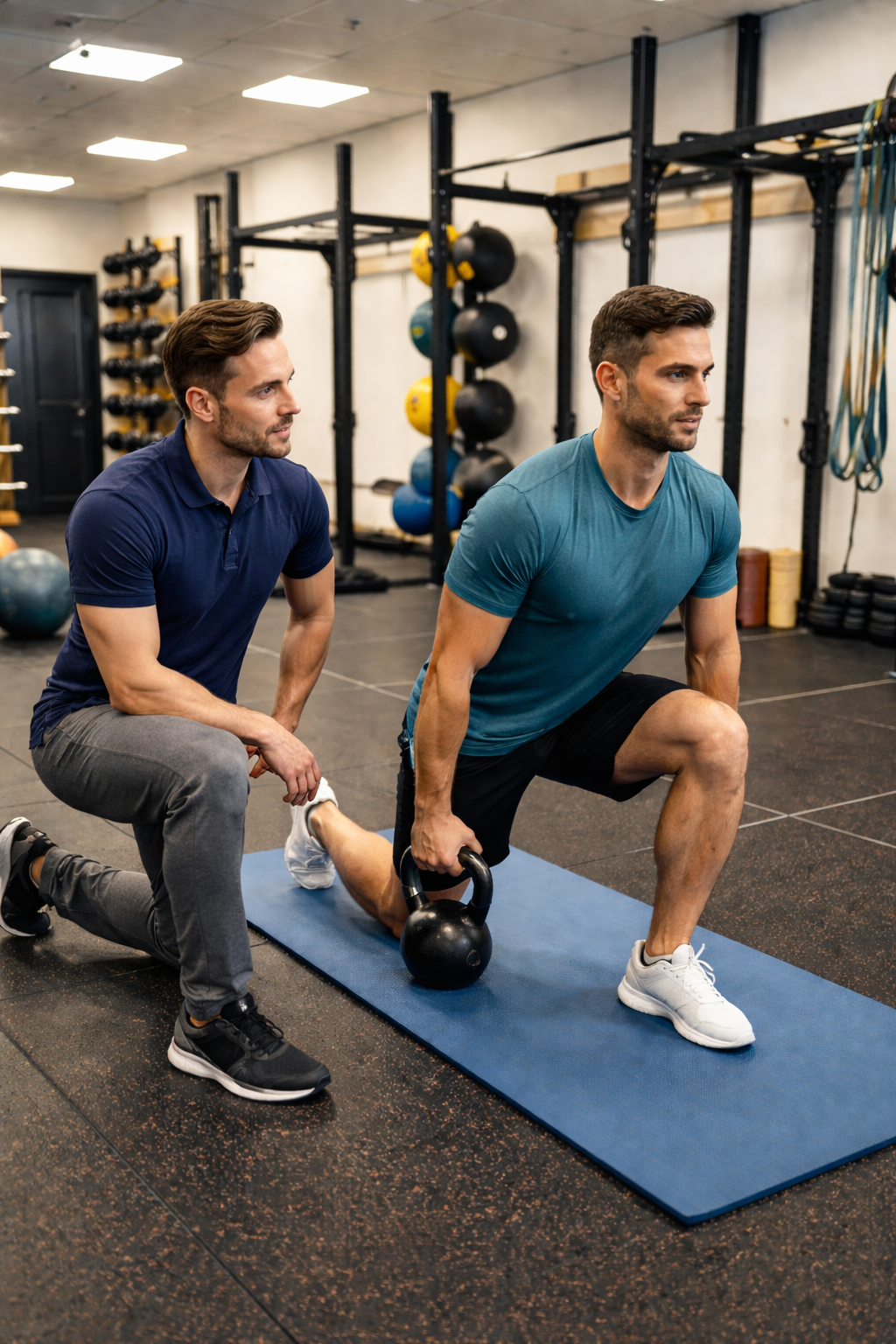 A man performing lunges with a kettlebell while another man supports him by holding his ankle in a gym with exercise equipment in the background.