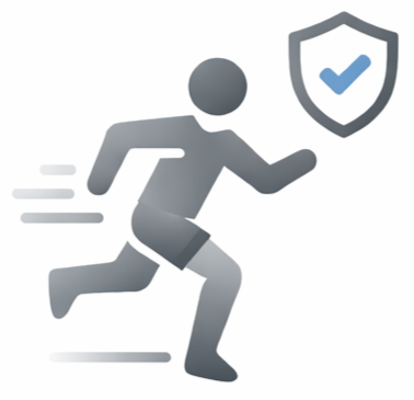 A running figure next to a shield with a checkmark, symbolizing performance