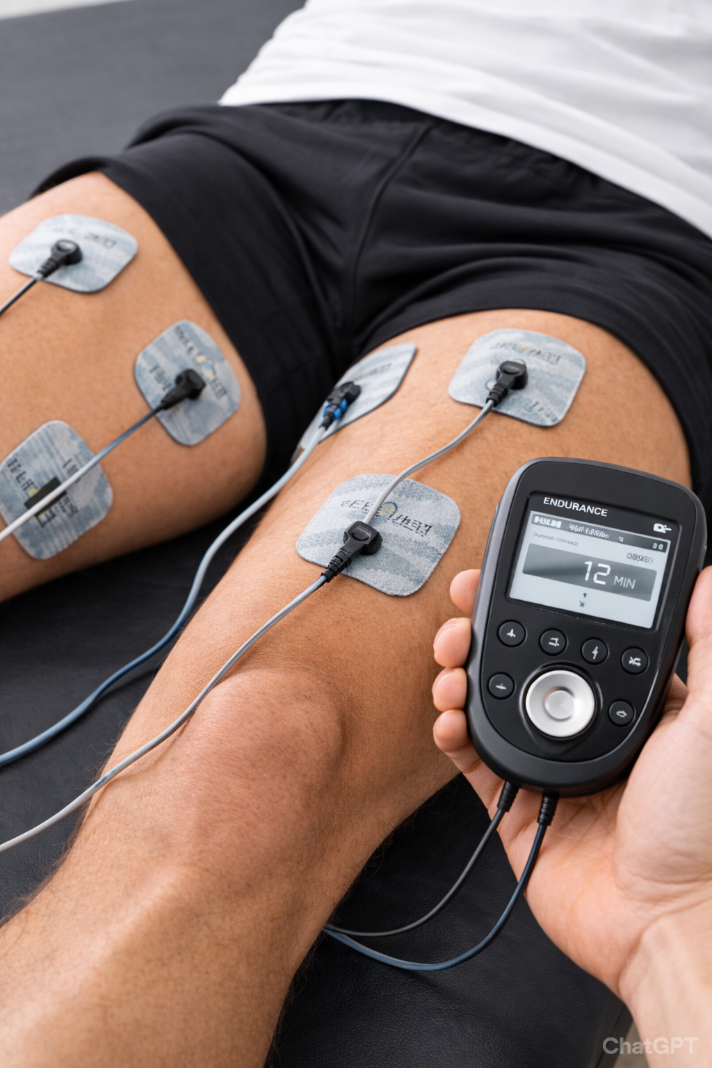 Person lying on a black surface undergoing a TENS therapy session with multiple electrodes attached to their thighs, connected to a device showing a 12-minute treatment timer.