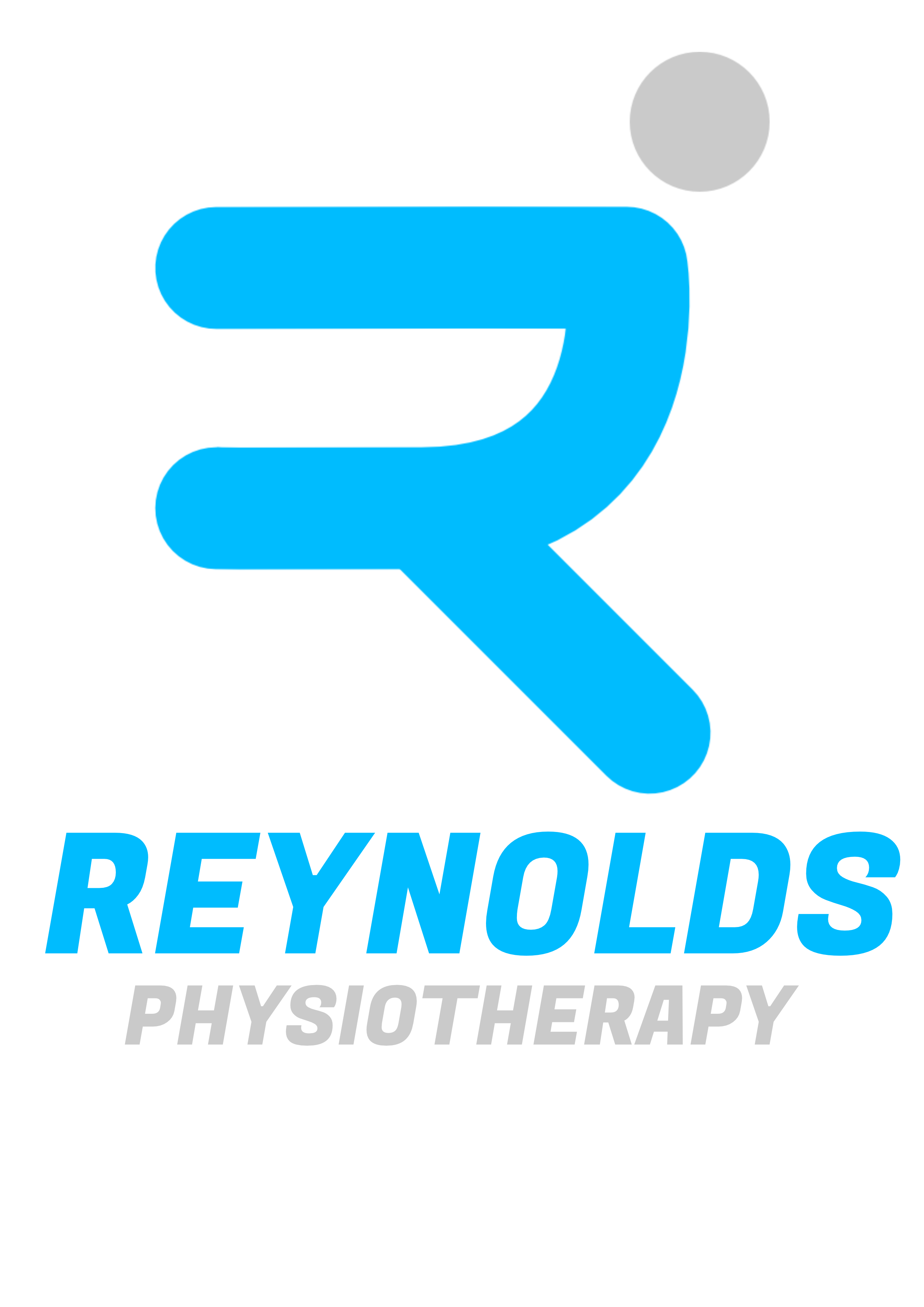 Reynolds Physiotherapy logo with a stylized letter R in blue, the word 'REYNOLDS' in blue, and 'PHYSIOTHERAPY' in gray below.