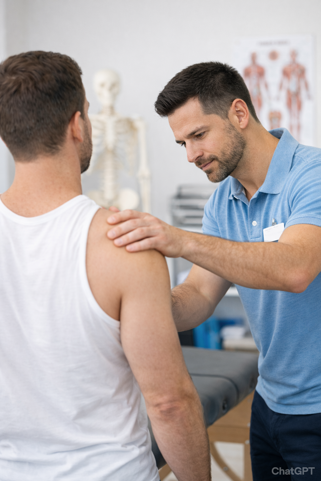 A healthcare professional examining a patient's shoulder in a medical office with a skeleton model in the background.