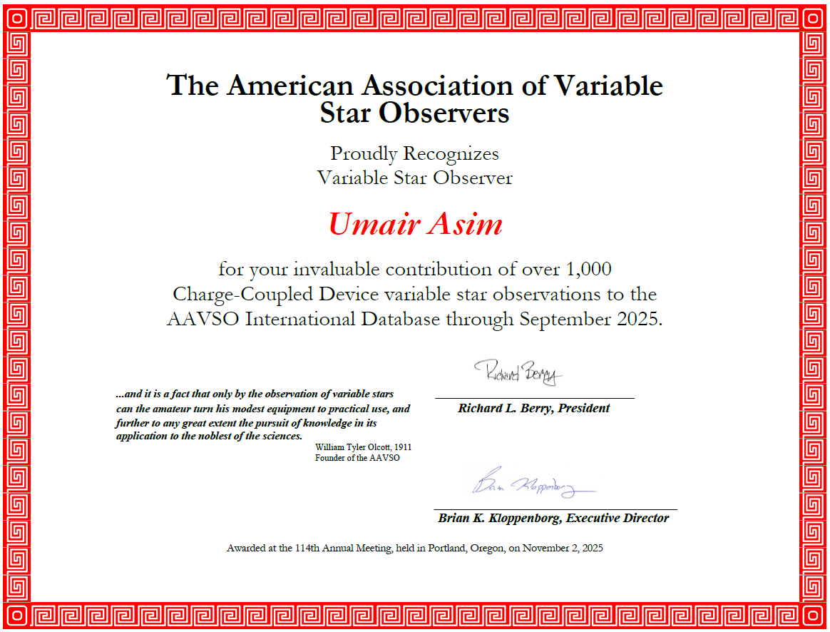 Certificate from the American Association of Variable Star Observers recognizing Umair Asim for over 1,000 charge-coupled device variable star observations, signed by Richard L. Berry and Brian K. Kloppenborg, awarded at the 114th Annual Meeting in Portland, Oregon, November 2, 2025. The certificate has a decorative red Greek key pattern border.