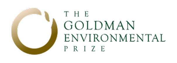 Logo of the Goldman Environmental Prize featuring a stylized gold and black globe with green text