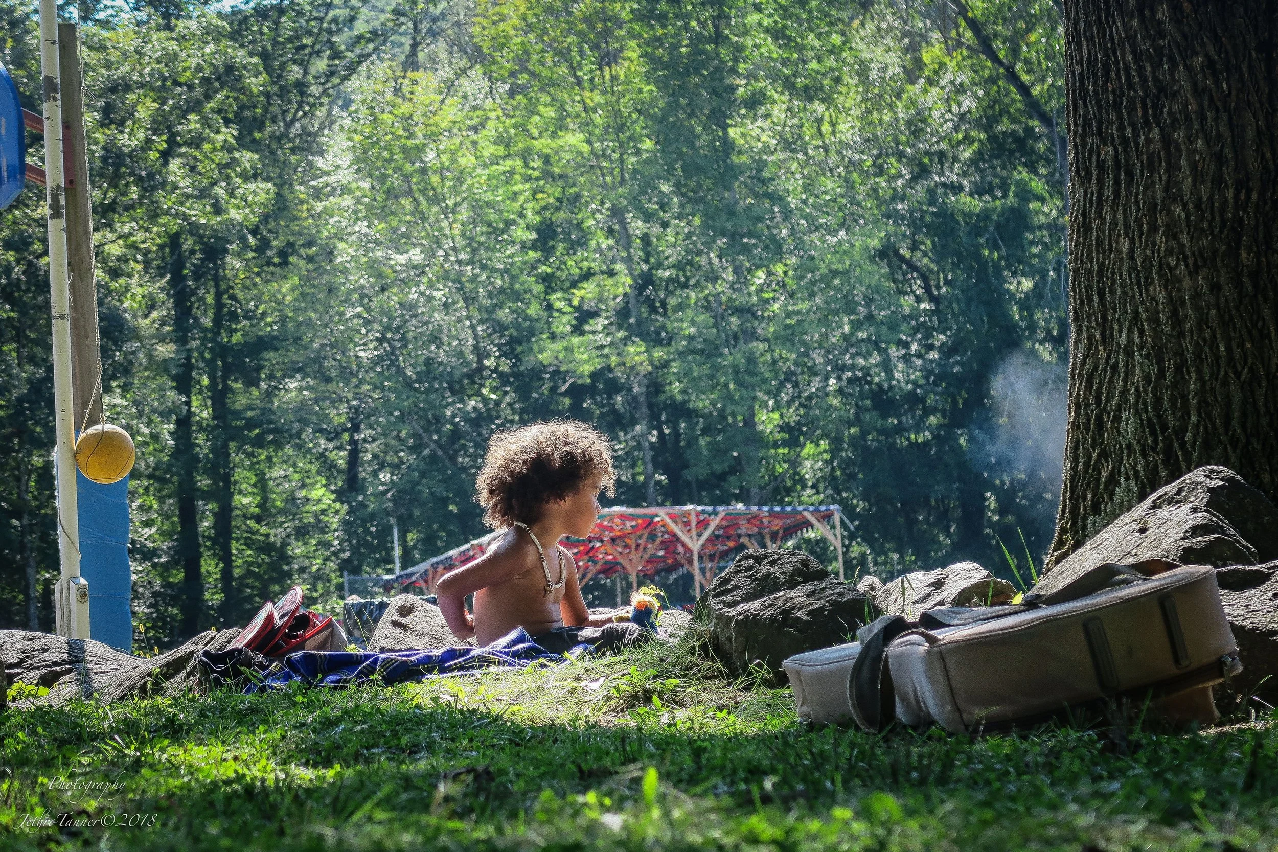 A young child with curly hair, sitting outdoors in a wooded area, surrounded by rocks and grass. There is a bag and a blanket nearby, with a large tree trunk in the foreground and a tent or canopy structure in the background. The scene is sunlit with lush green trees.