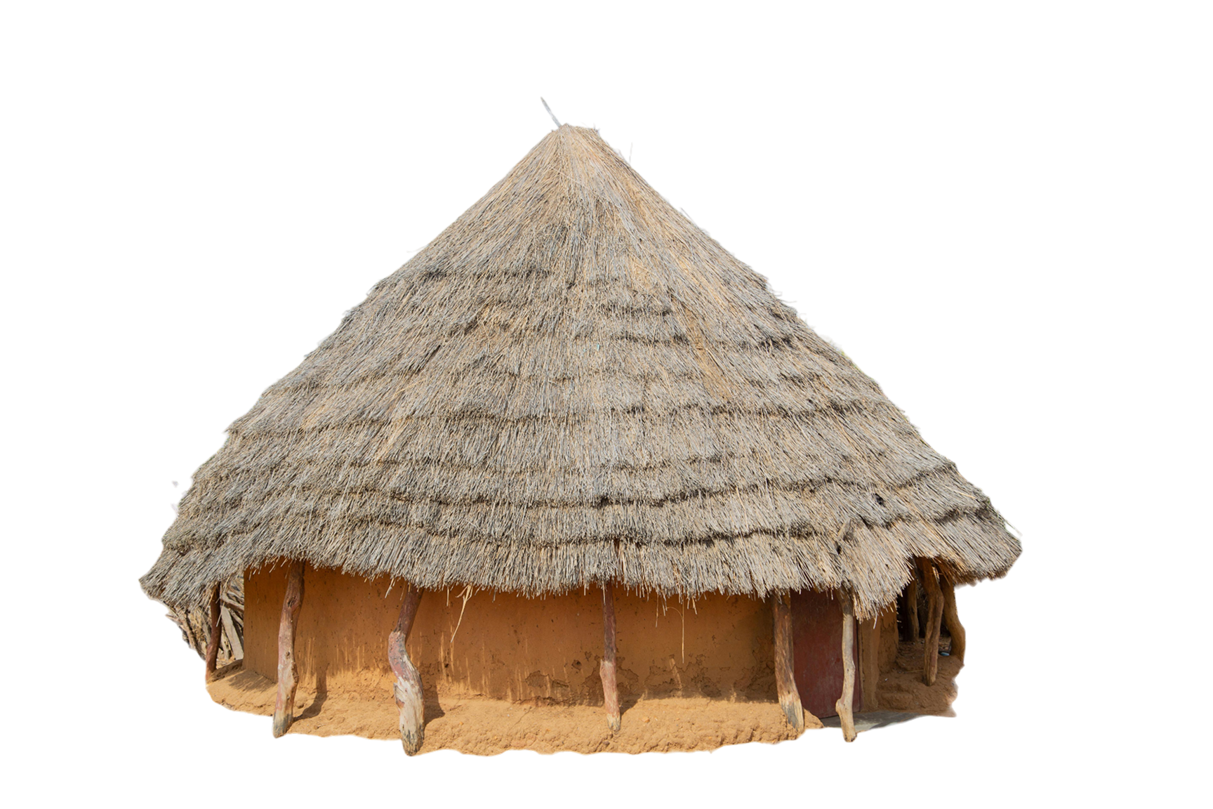 Traditional round hut with a thatched roof and wooden supports.