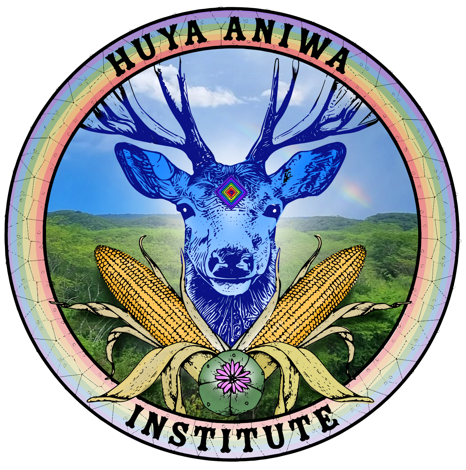 Logo with a blue deer head and antlers, two ears of corn, a pink flower, and the words "HUAYANINSTITUTE" surrounding a field and sky background.