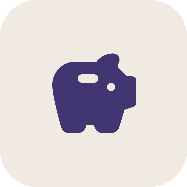 Minimalist icon of a piggy bank in dark purple on a light beige background