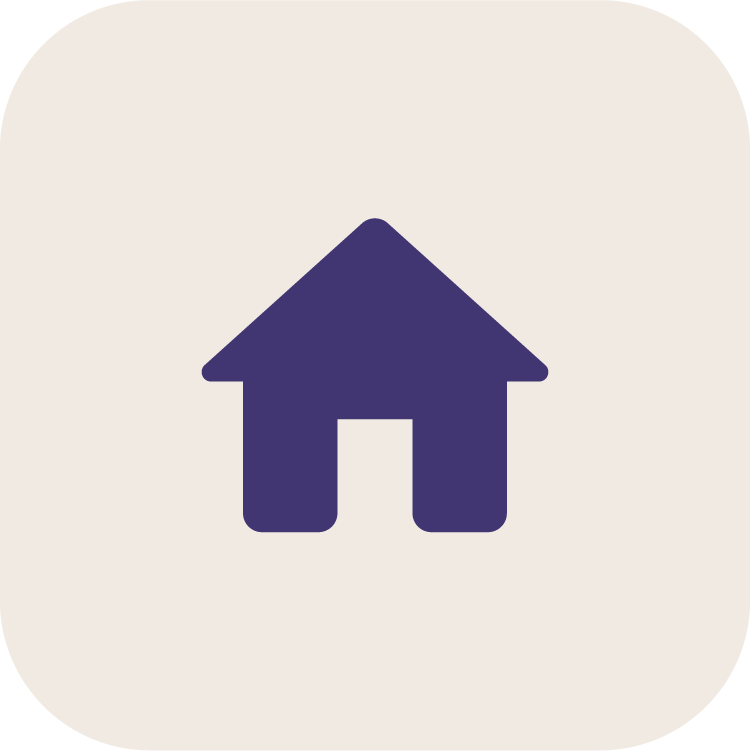 Blue house icon on a beige background.