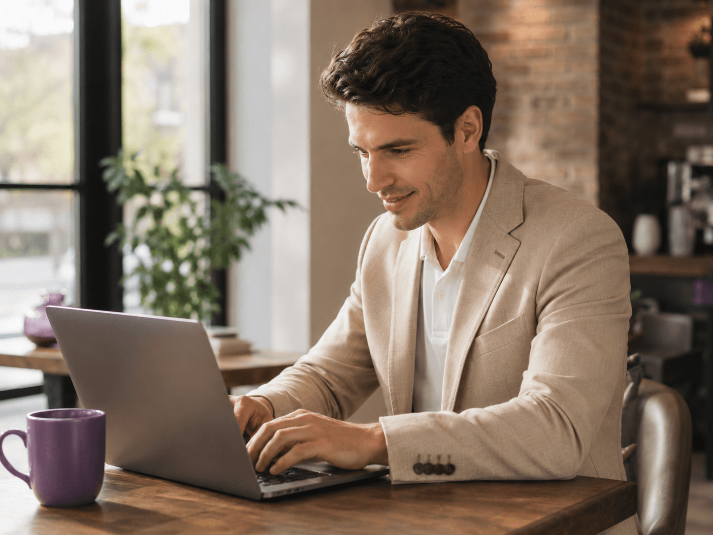 A man in a beige blazer and white shirt working on a laptop at a wooden table in a cozy indoor space with a large window, a potted plant, and a purple mug.