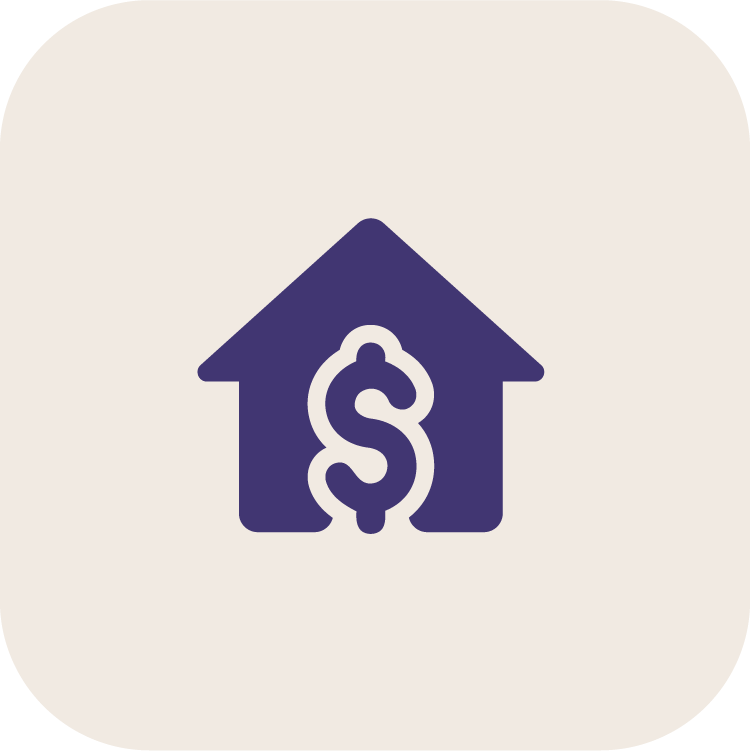A blue house icon with a dollar sign in the center on a light background.