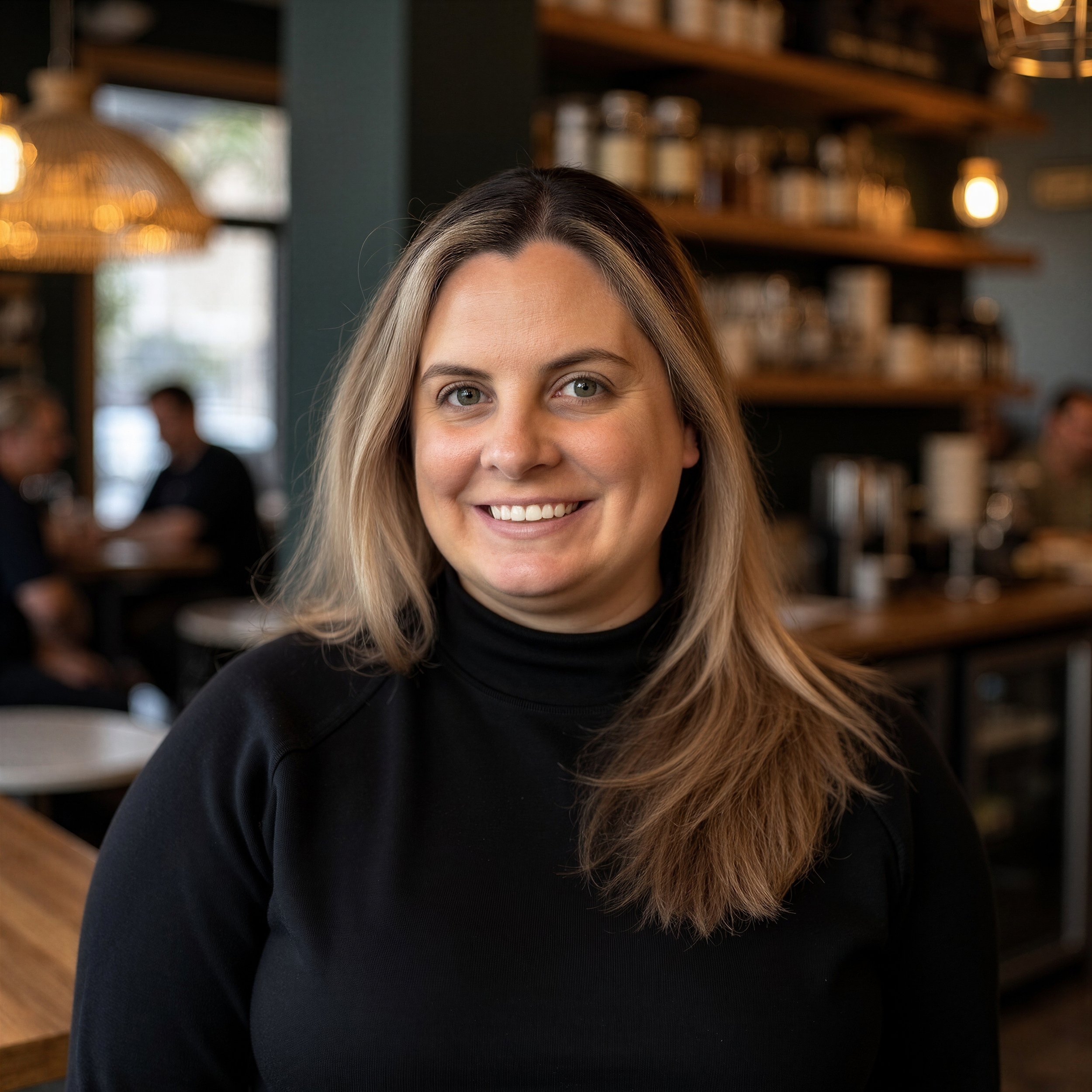 A smiling woman with shoulder-length light brown hair and blue eyes, wearing a black turtleneck, in a modern cafe with a dark green wall, wooden shelves, and blurred background of other patrons.