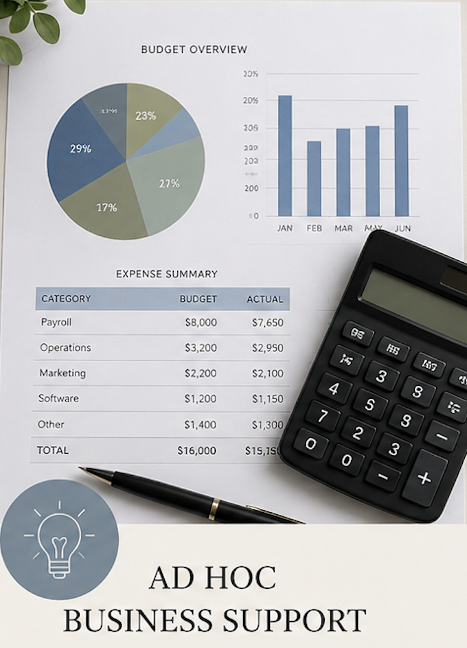 Business financial documents including a pie chart, bar graph, expense summary table, calculator, and pen on a desk with a small plant. The documents are labeled 'Budget Overview' and 'Ad Hoc Business Support'.