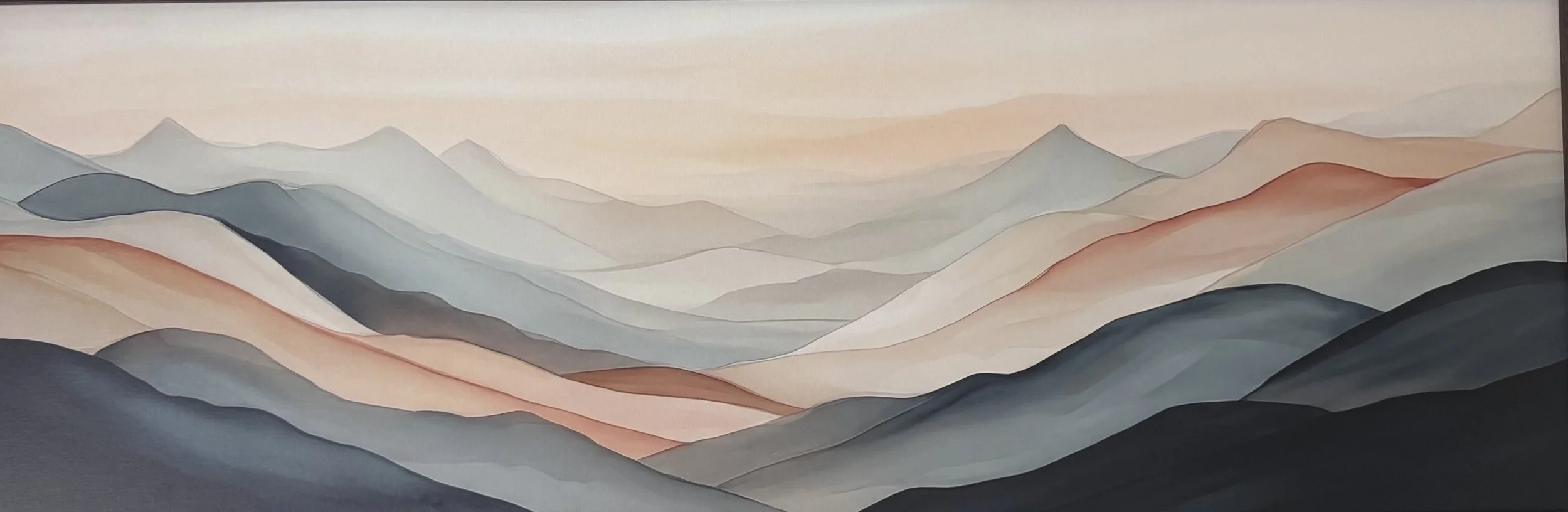 Abstract painting of rolling mountains in muted tones of black, gray, blue, beige, and light pink, creating a layered landscape effect.