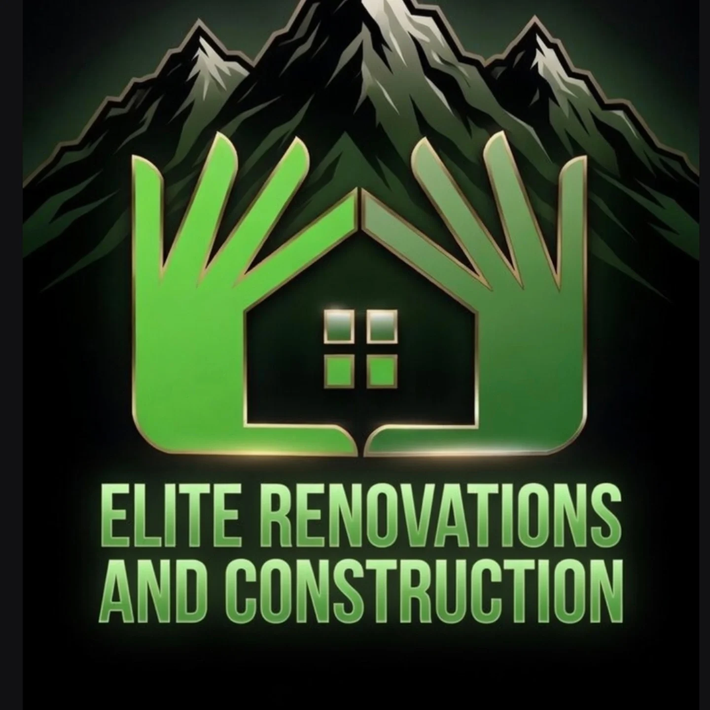 Logo for Elite Renovations and Construction featuring a house with four windows surrounded by two green hands, with mountains in the background.