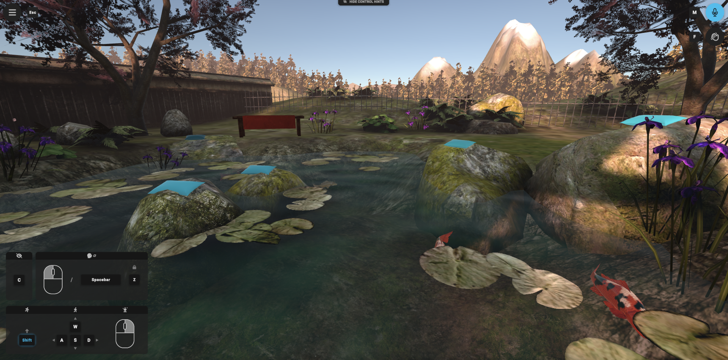 Koi pond with lily pads, rocks, flowers, seating, and mountains in the Japanese garden used for guided VR body scans.