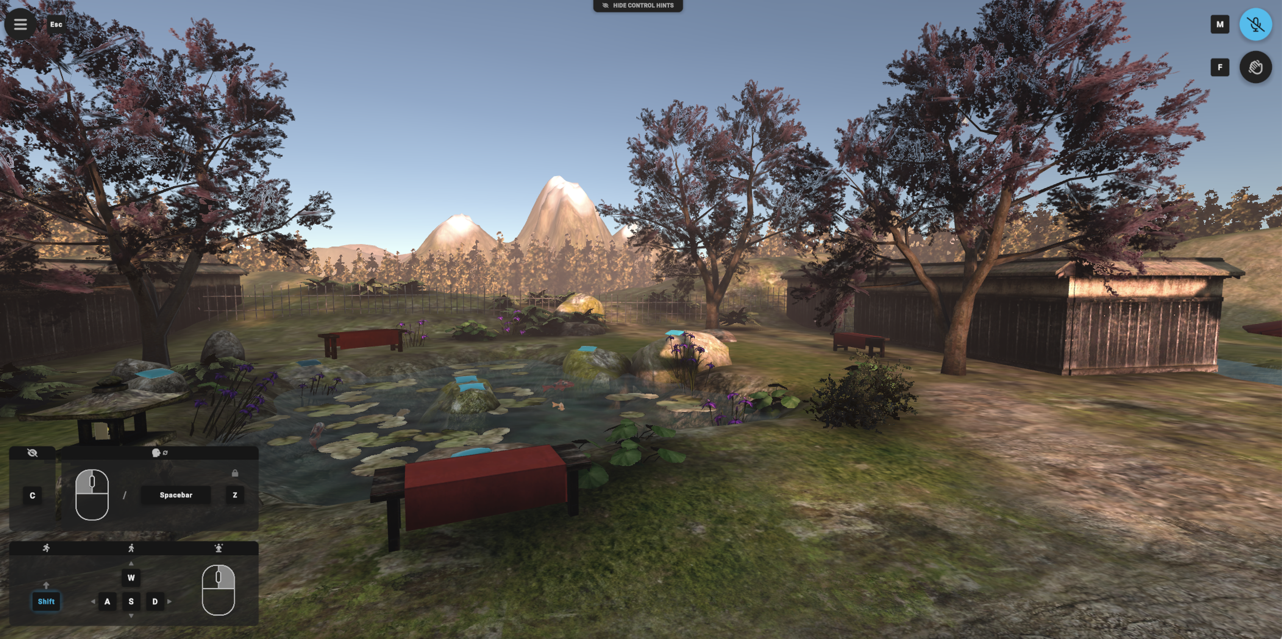Virtual Japanese tea garden with a small koi pond, cherry blossom tree and hills in the background. Benches and meditation cushions are scattered around the scene.