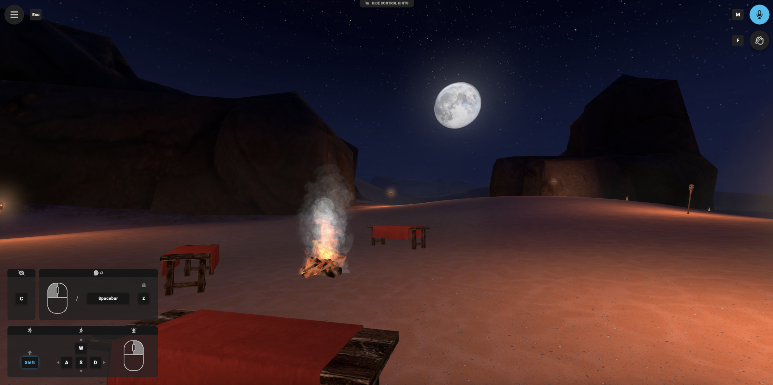 Moonlit desert with a campfire and seating in an alternate ENGAGE XR environment used for guided body-scan sessions.