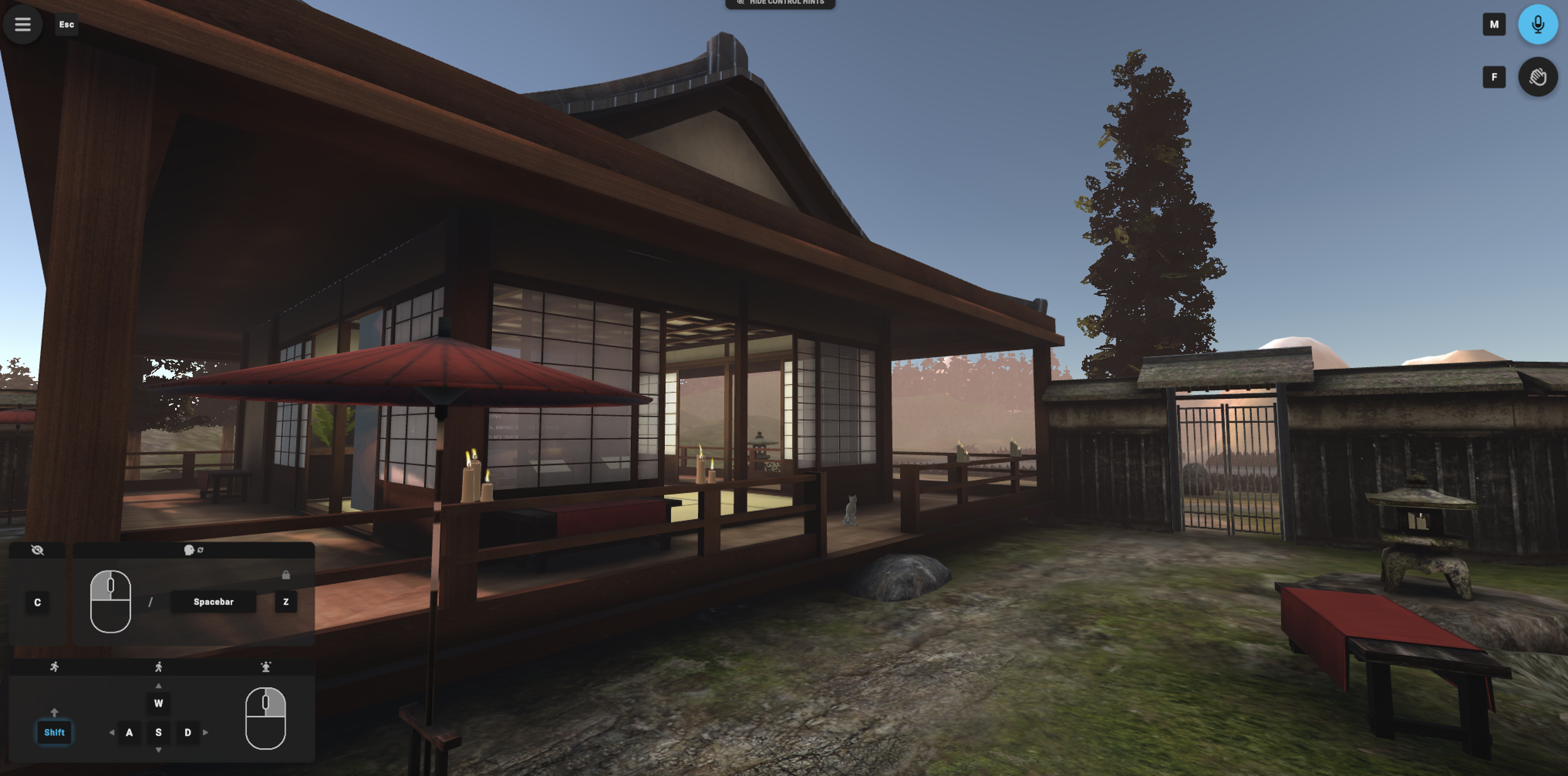 Japanese tea house and outdoor seating in the ENGAGE XR garden used for guided VR body-scan sessions.