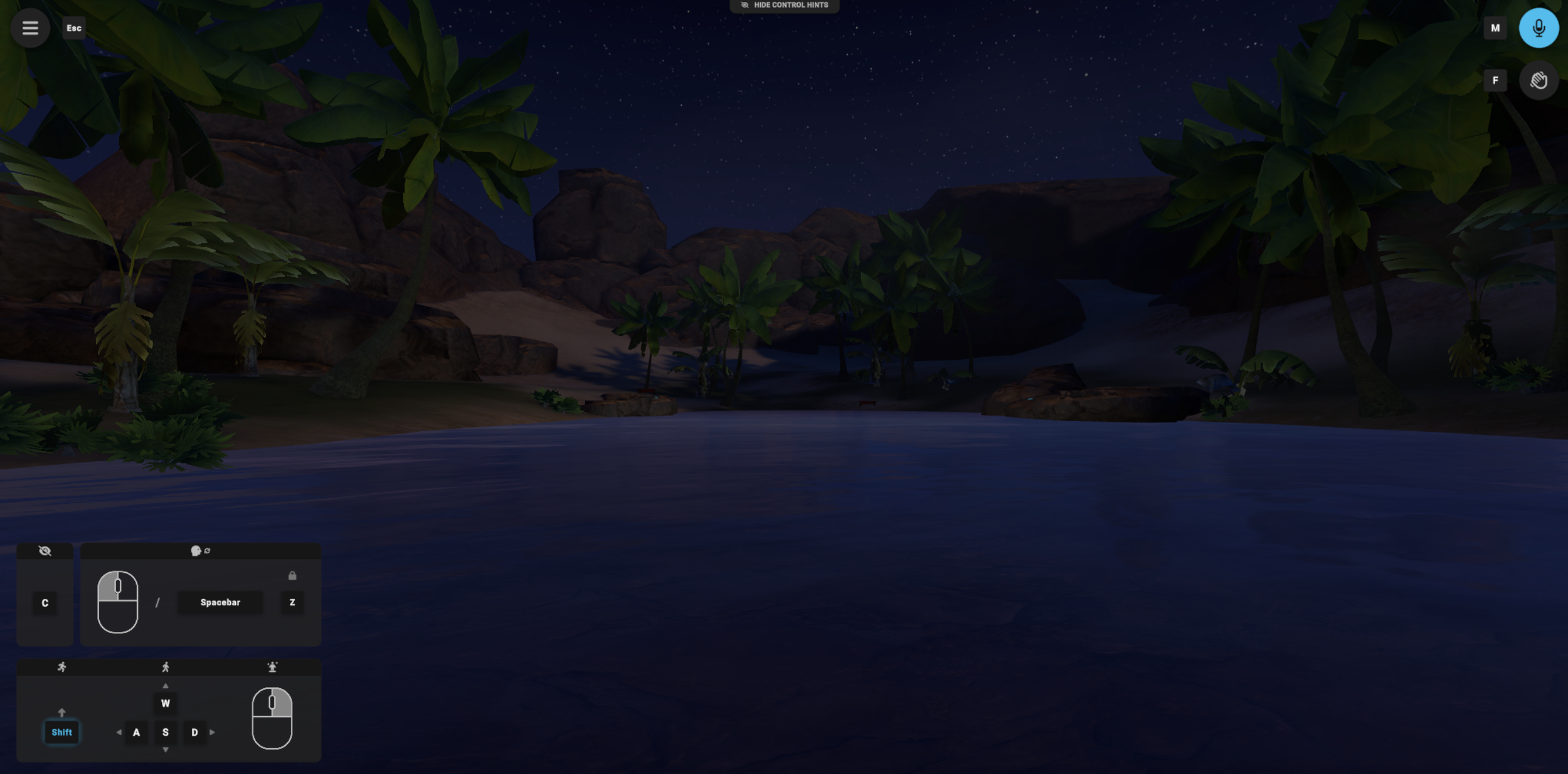 Star-filled night sky over water, palm trees, and rocky terrain in an alternate ENGAGE XR environment used for guided body scans.