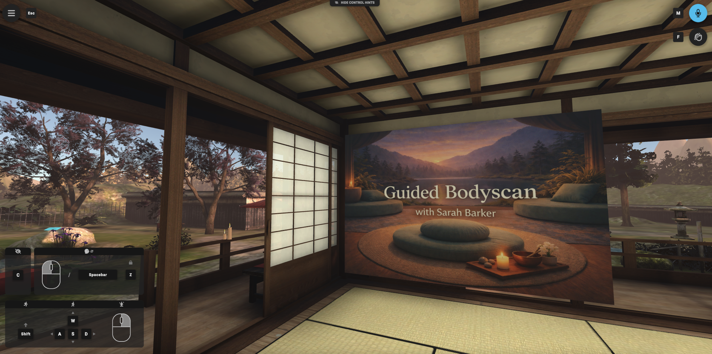 Japanese tea house in ENGAGE XR displaying the welcome image for Sarah Barker’s Guided Body Scan.