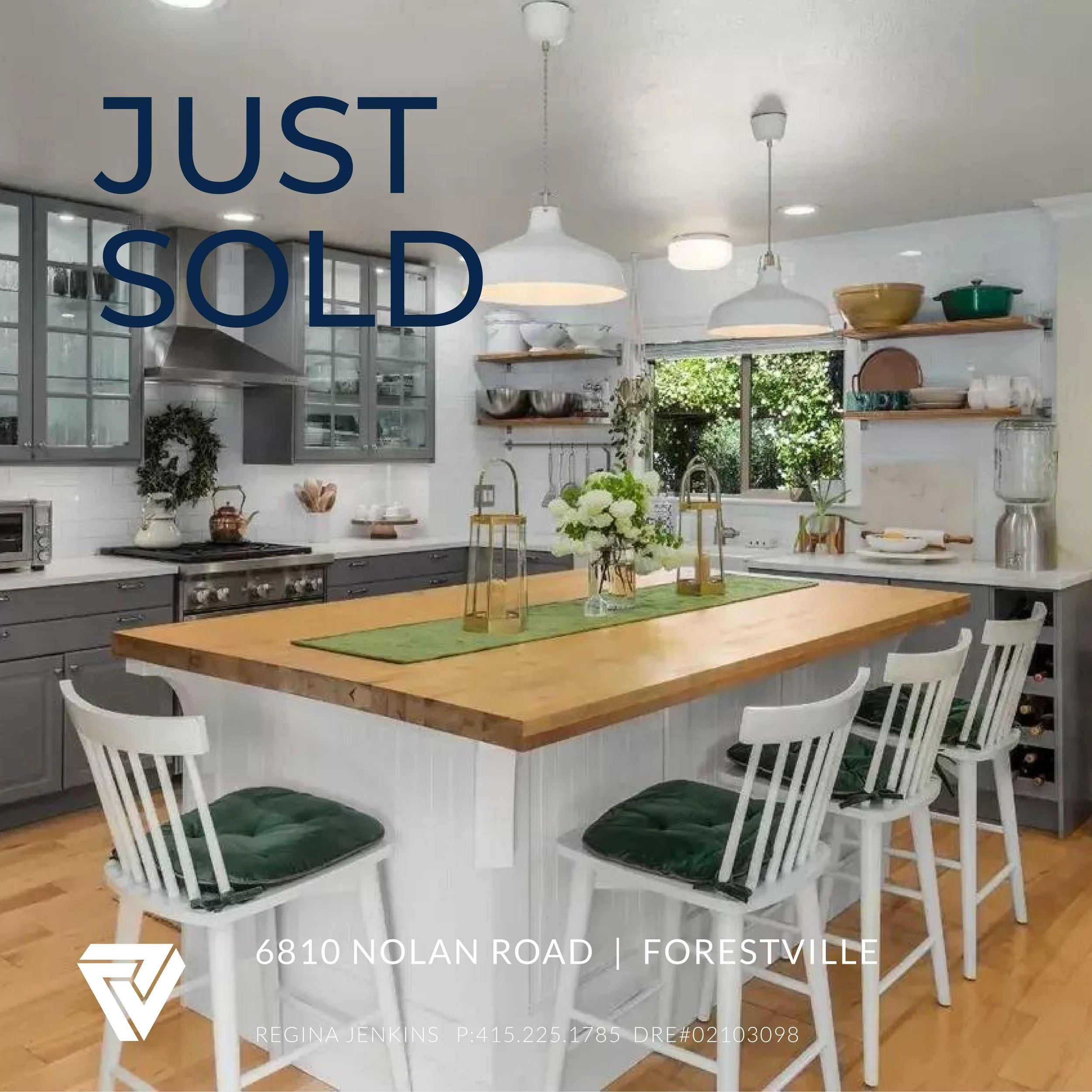 Kitchen with island counter, three white barstools with green cushions, grey cabinets, open wooden shelves, and a window with greenery outside. "Just Sold" overlay and address 6810 Nolan Road, Forestville.