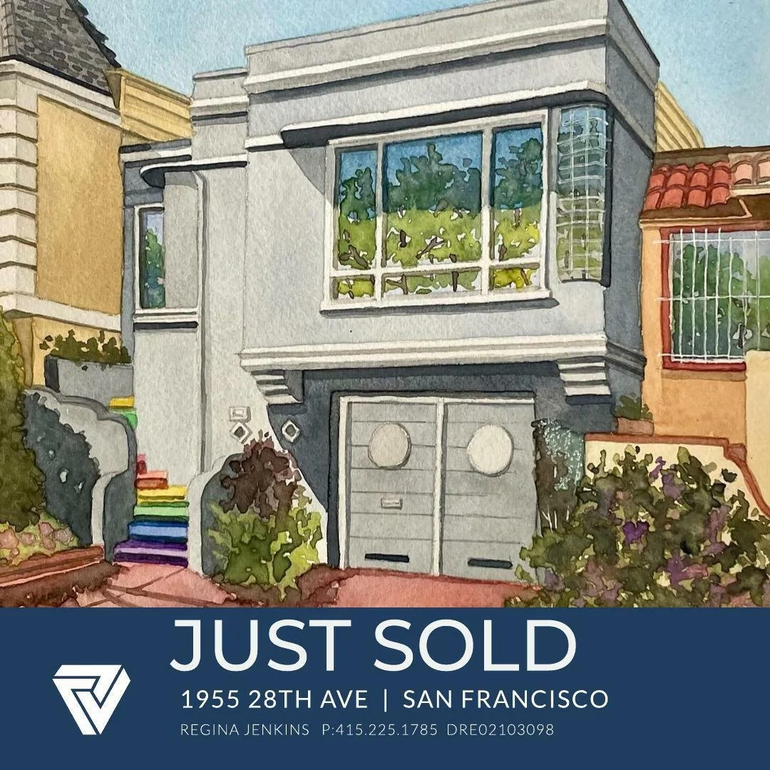 Watercolor illustration of a modern, two-story house in San Francisco with a gray and white exterior, large front window, a garage door, colorful rainbow stairs, and lush greenery in front.