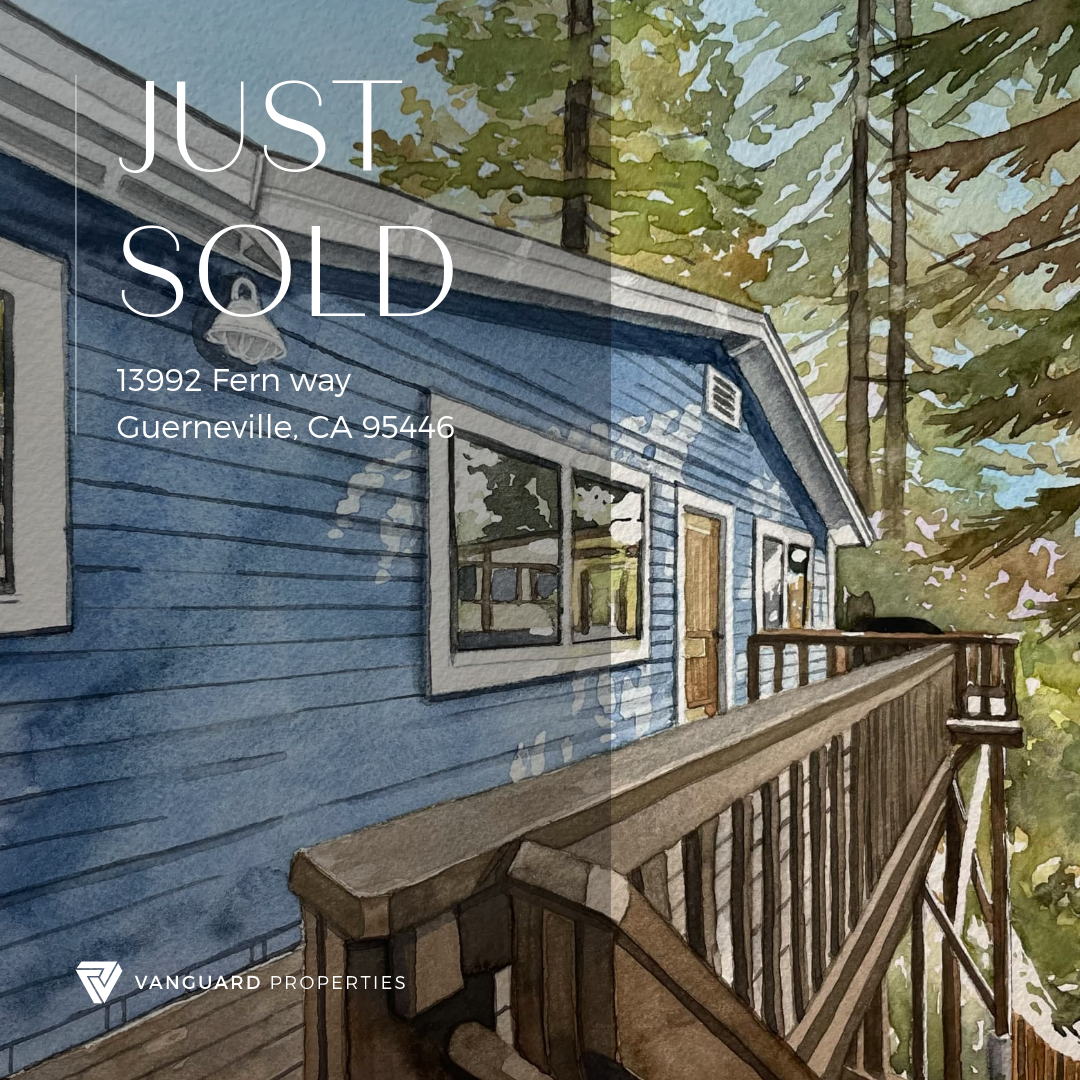 Watercolor illustration of a blue house with a wooden deck surrounded by trees, with text overlay indicating the property has been sold at 13992 Fern Way, Guernville, CA 95446.