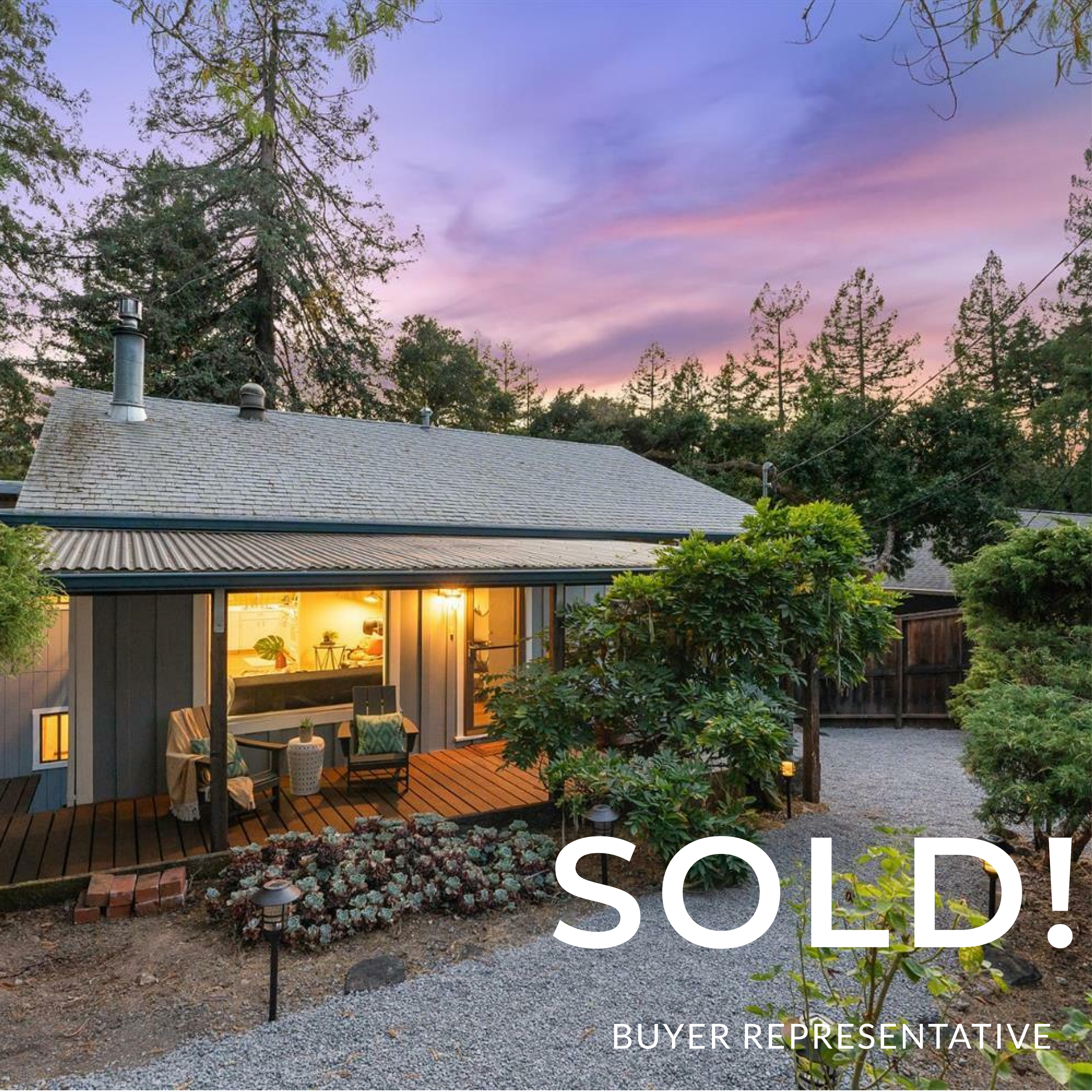 A house with a wooden deck and outdoor seating area, illuminated by warm lights, surrounded by trees and plants during sunset with a pink and purple sky. The image indicates the house is sold and is a buyer's representative.