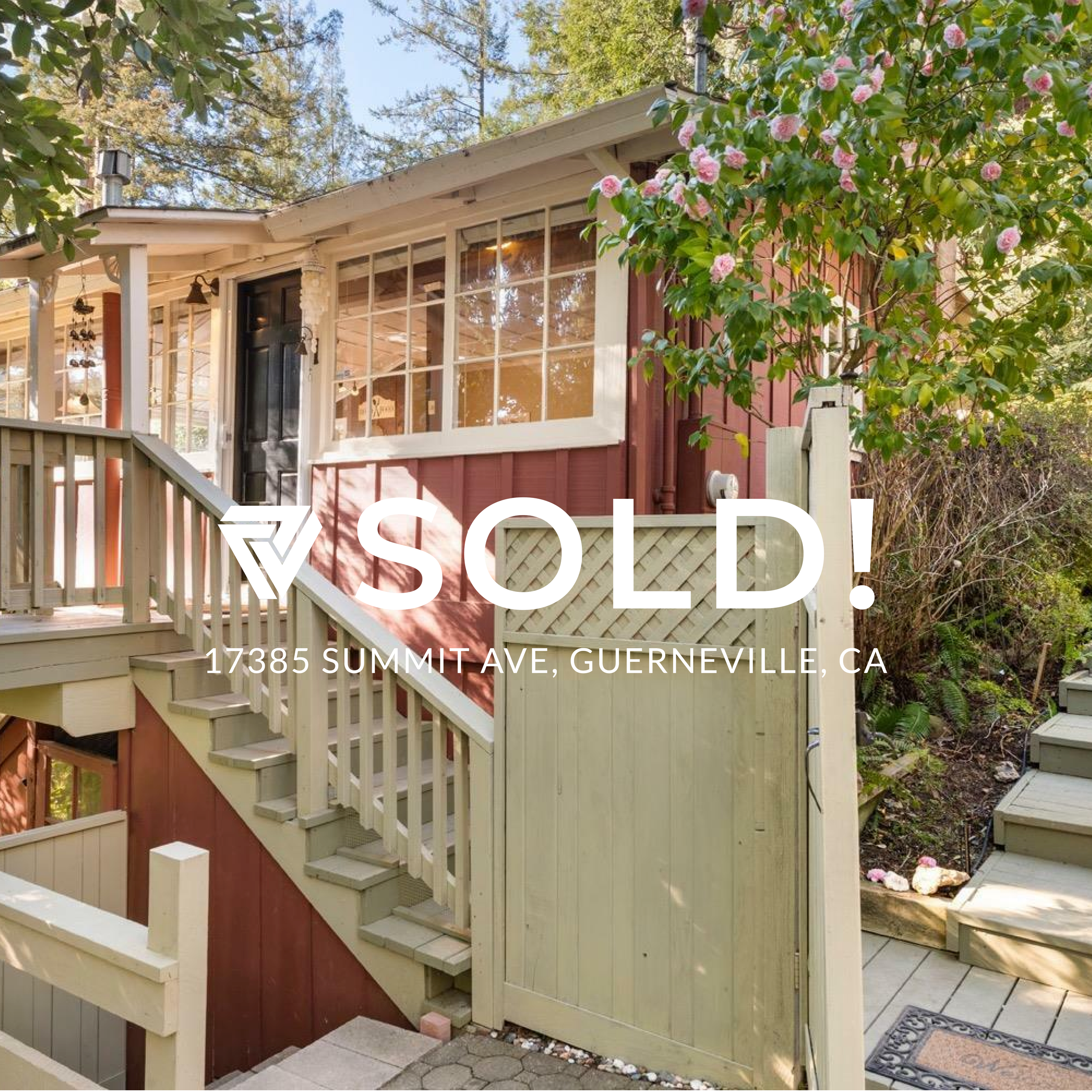 Front view of a house with a deck, stairs, and garden, sold at 17385 Summit Ave, Guerneville, CA.