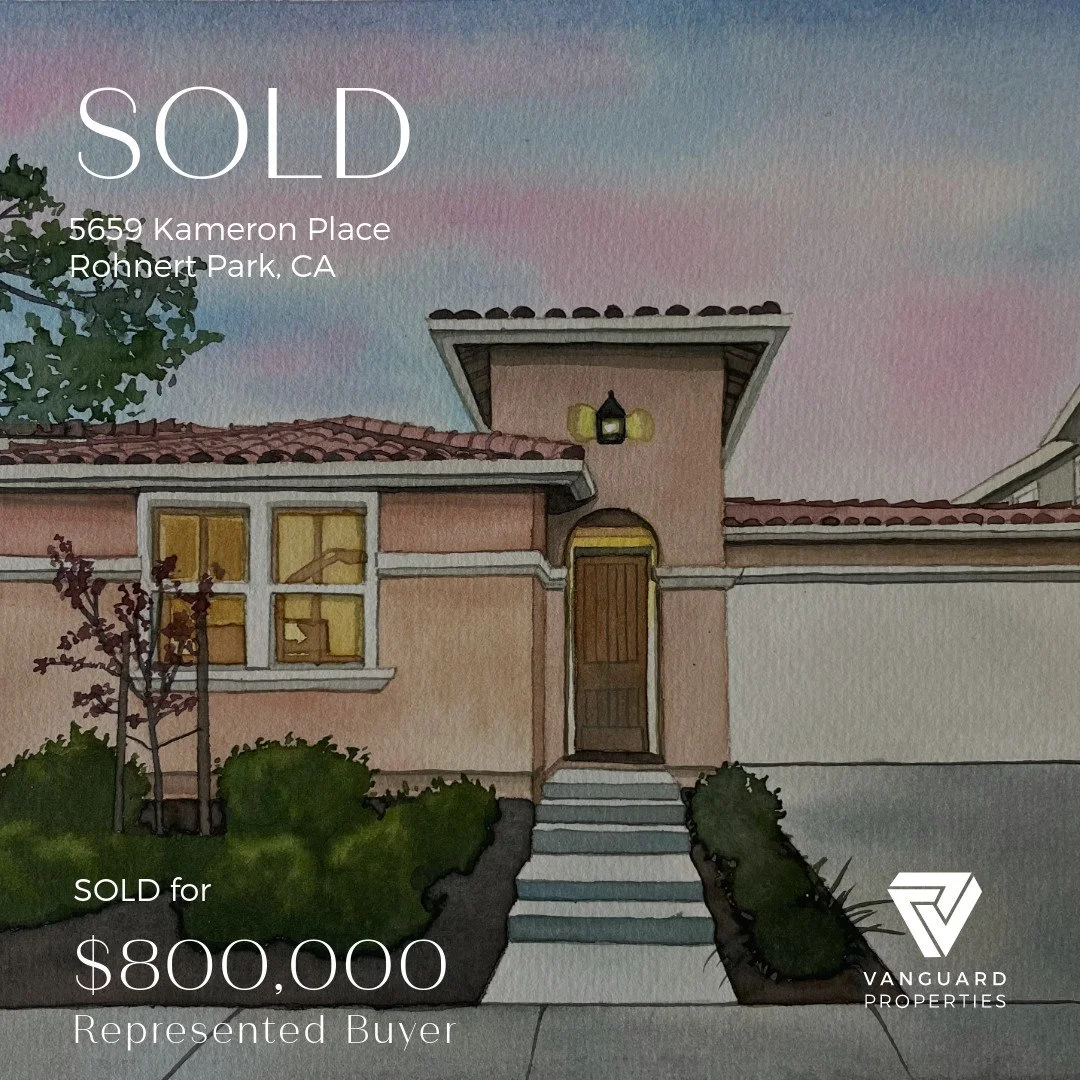 A watercolor style illustration of a house with a front steps leading to a wooden door, windows, a small garden, and trees, with the text 'SOLD' and property details overlaid.