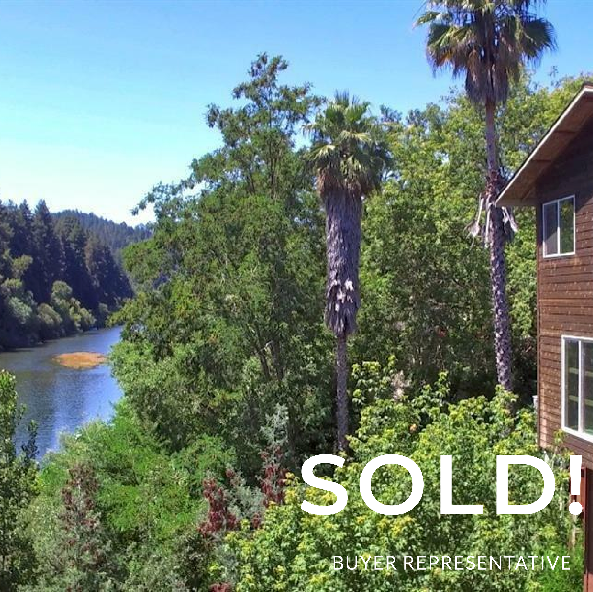 A house next to a river with palm trees and lush green trees on a sunny day, indicating a sold property.