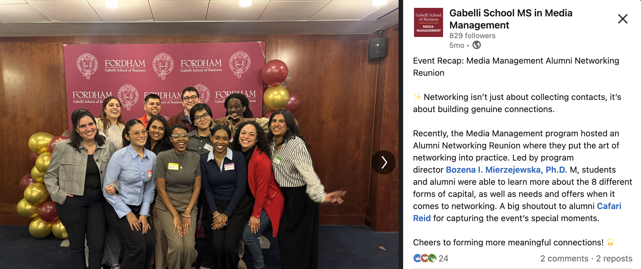 Media Management Alumni Networking Reunion LinkedIn post