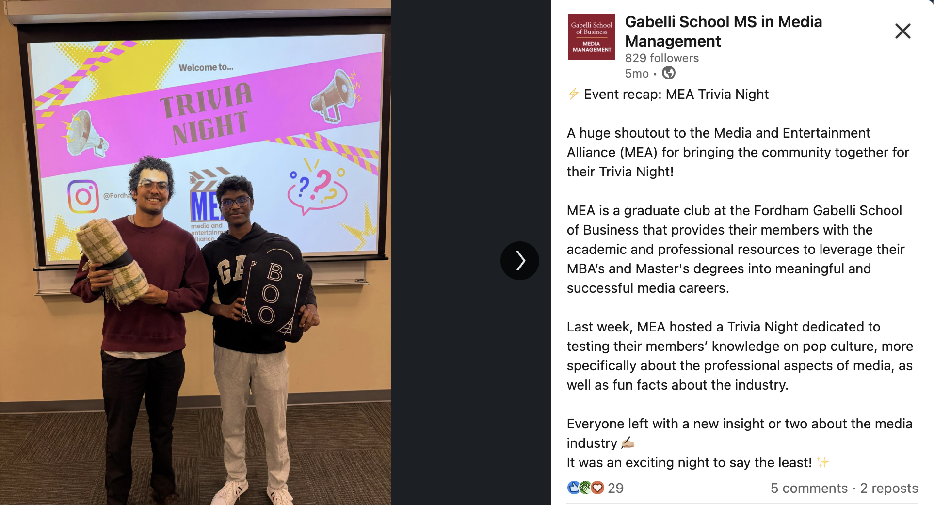 MEA Trivia Night LinkedIn recap post