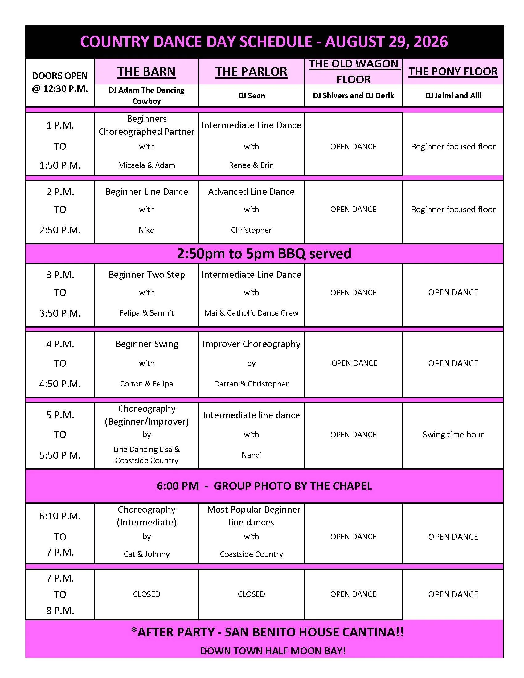 Schedule for Country Dance Day on August 29, 2026, including times, activities, and dance instructors in different venues, with special notes about food and group photos.