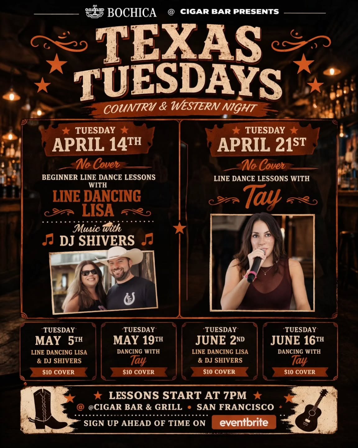 We&rsquo;re bringing Texas Tuesdays to San Francisco at Cigar Bar &amp; Grill&hellip; and we&rsquo;re kicking it off with 2 FREE preview nights in April. 

📅 Tuesday, April 14th
🤠 Beginner lessons with Line Dancing Lisa + DJ Shivers

📅 Tuesday, Ap