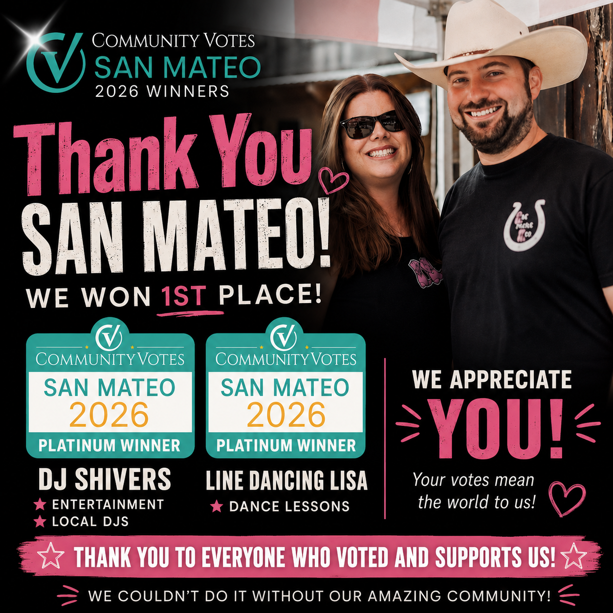 DJ Shivers &amp; Line Dancing Lisa Win Platinum in CommunityVotes San Mateo 2026