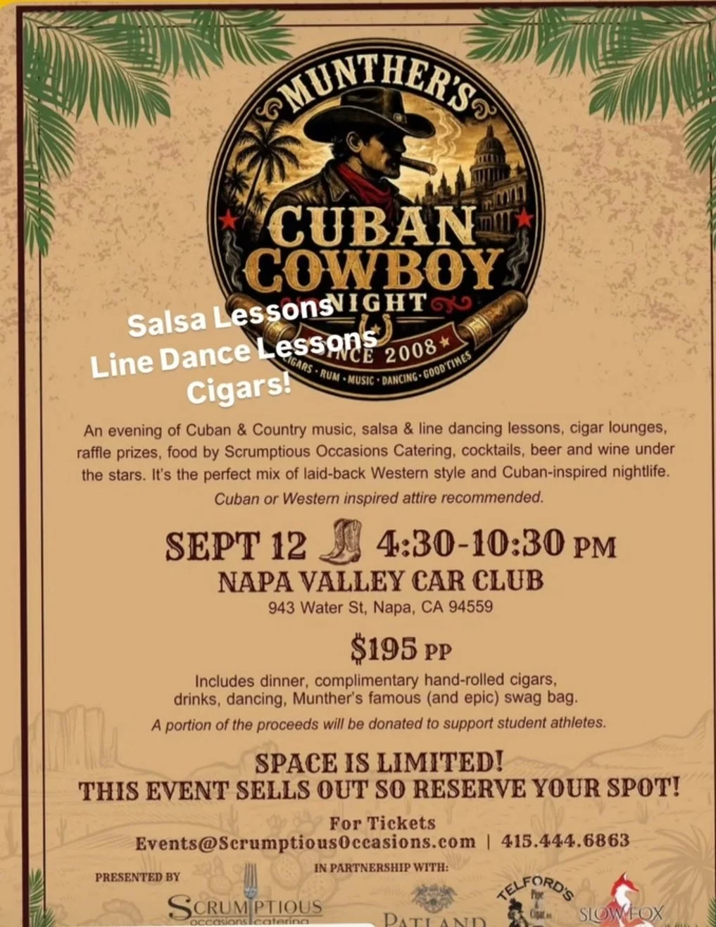 Event flyer for Cuba and Country music night at Napa Valley Car Club, featuring salsa, line dancing, cigars, dinner, drinks, and dancing, happening on September 12 from 4:30 to 10:30 PM at 943 Water Street, Napa, CA, with tickets costing $195 per person.