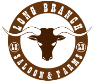 Logo for Long Branch Saloon & Farms with a bull's head in the center and circular text around it.
