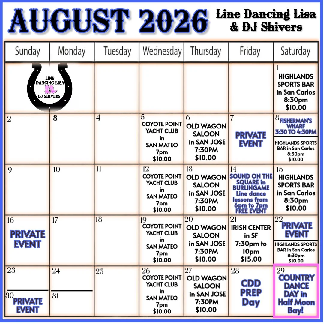 August 2026 calendar with various events, including line dancing, yacht club meetings, a private event, a sound event, Irish center, CDD prep day, and country dance day at Half Moon Bay, with some entries highlighted in pink for dj shivers