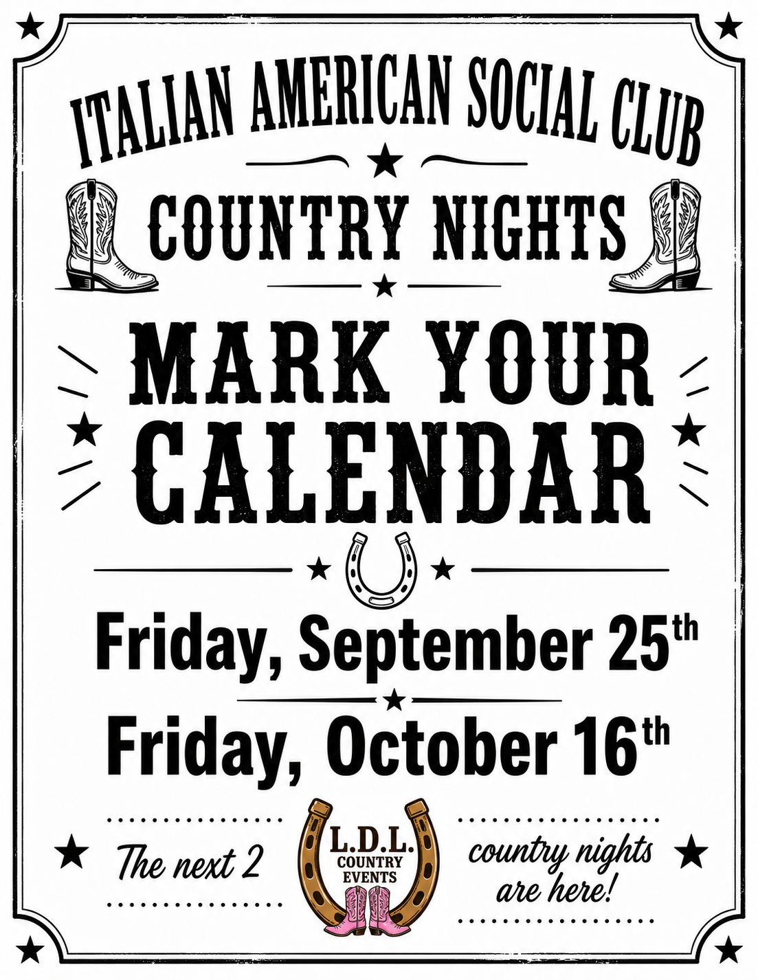 Different text and icons for country music night at Italian American Social Club, with dates of September 25 and October 16, 2023, featuring cowboy boots, a horseshoe, and pink cowboy boots logo.