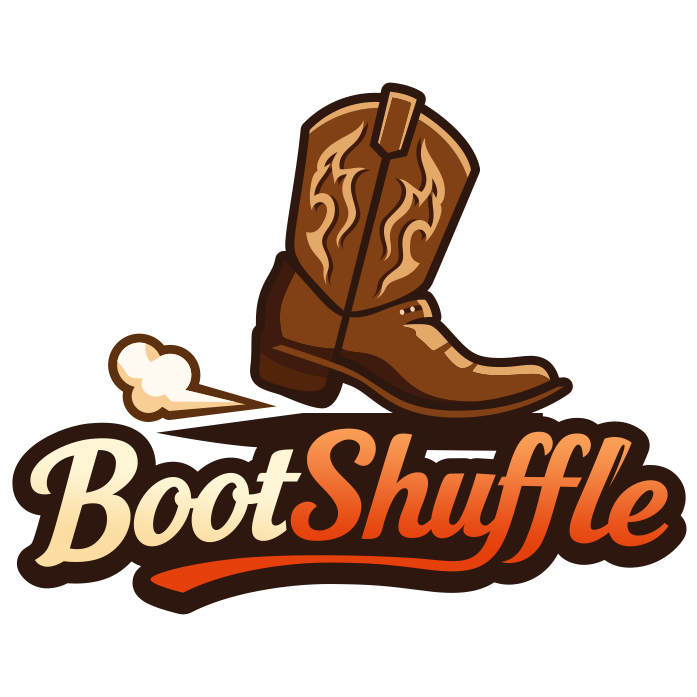 A stylized brown cowboy boot with flames design and a small puff of smoke nearby. Below the boot, the words "Boot Shuffle" are written in a cursive font, with "Boot" in cream color and "Shuffle" in orange. logo for Boot shuffle app which is a sponsor