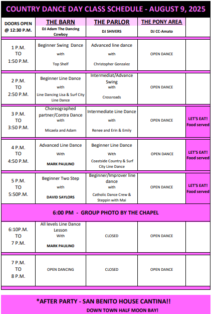 Schedule for Country Dance Day Class on August 9, 2025, featuring dance classes in various categories like beginner swing, line, and partner dances, with times and instructors listed, plus notes for group photos after 6 pm at the chapel and party details at San Benito House Cantina.
