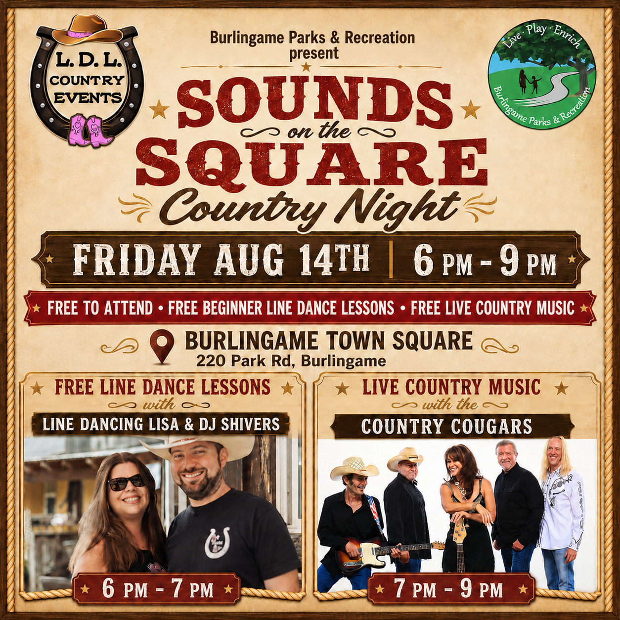Event poster for 'Sounds on the Square' country night at Burlingame Town Square on August 14th from 6 PM to 9 PM. Features free line dance lessons with Lisa and DJ Shivers from 6 PM to 7 PM, and live country music by the band Country Cougars from 7 PM to 9 PM.