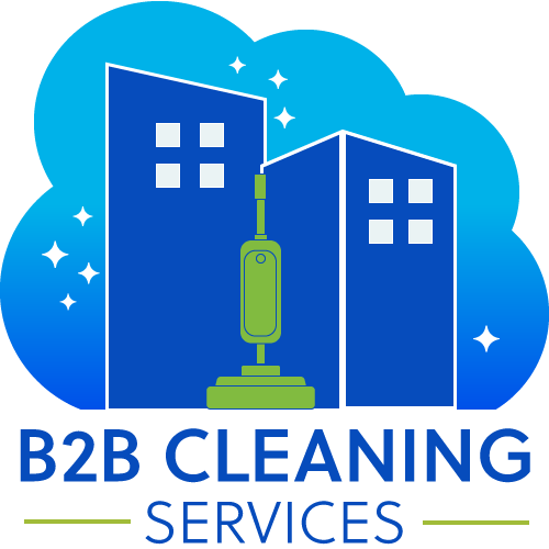 Logo for B2B Cleaning Services featuring two blue buildings with a green cleaning tool in the middle and a cloud background.